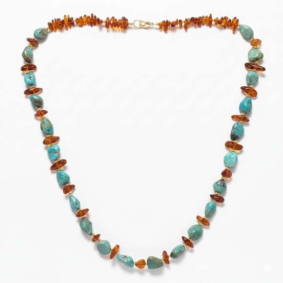 Turquoise Amber 26" Necklace Vintage Gold Plated Natural Gemstone Lobster Clasp - Picture 7 of 8